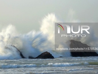 Waves surge due to the external circulation of Typhoon Bebika along the west coast of Qingdao, China, on September 16, 2024. (