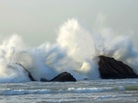 Waves surge due to the external circulation of Typhoon Bebika along the west coast of Qingdao, China, on September 16, 2024. (