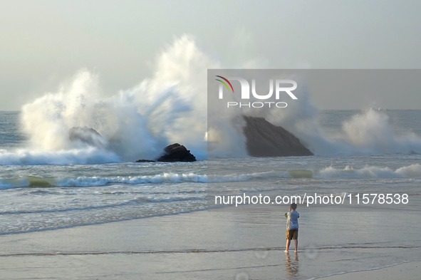 Waves surge due to the external circulation of Typhoon Bebika along the west coast of Qingdao, China, on September 16, 2024. 