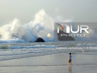 Waves surge due to the external circulation of Typhoon Bebika along the west coast of Qingdao, China, on September 16, 2024. (