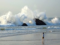 Waves surge due to the external circulation of Typhoon Bebika along the west coast of Qingdao, China, on September 16, 2024. (