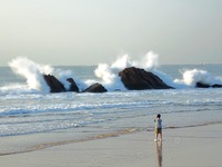 Waves surge due to the external circulation of Typhoon Bebika along the west coast of Qingdao, China, on September 16, 2024. (