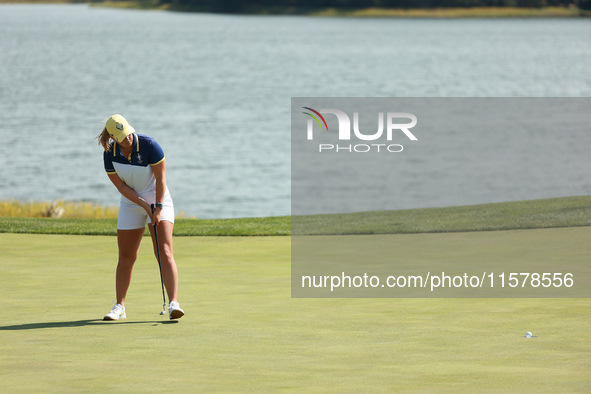 GAINESVILLE, VIRGINIA - SEPTEMBER 15: Maja Stark of Team Europe follows her putt on the 18th green during single matches on Day Three of the...