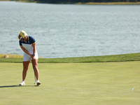 GAINESVILLE, VIRGINIA - SEPTEMBER 15: Maja Stark of Team Europe follows her putt on the 18th green during single matches on Day Three of the...