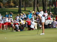 GAINESVILLE, VIRGINIA - SEPTEMBER 15: Albane Valenzuela of Team Europe reacts to her putt on the 18th green during single matches on Day Thr...