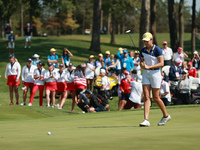 GAINESVILLE, VIRGINIA - SEPTEMBER 15: Albane Valenzuela of Team Europe reacts to her putt on the 18th green during single matches on Day Thr...