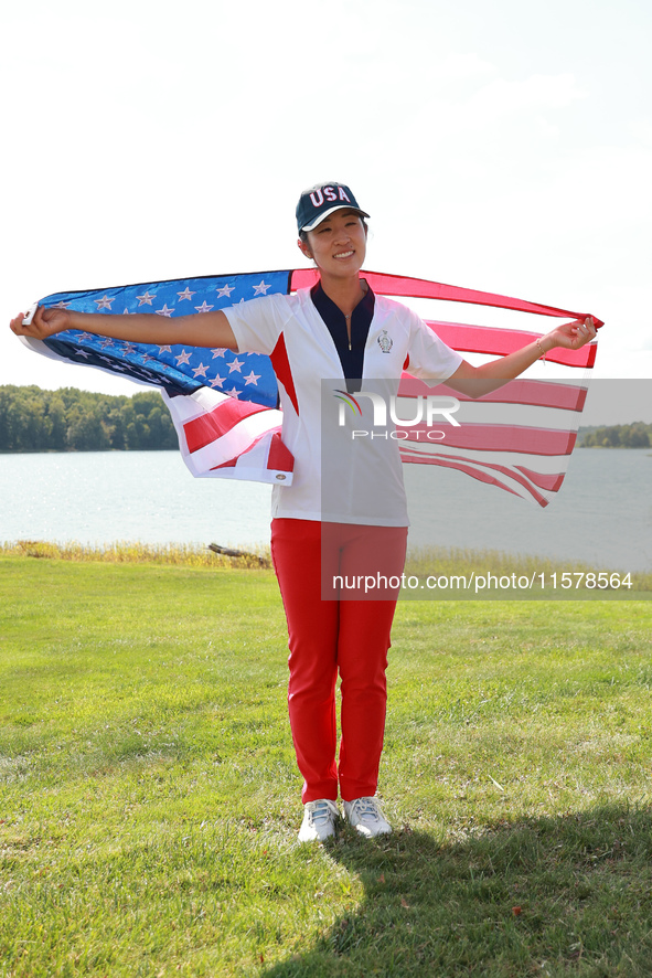 GAINESVILLE, VIRGINIA - SEPTEMBER 15: Andrea Lee of the United States celebrates after Team USA wins the Solheim Cup at Robert Trent Jones G...