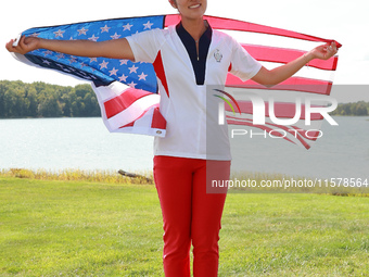 GAINESVILLE, VIRGINIA - SEPTEMBER 15: Andrea Lee of the United States celebrates after Team USA wins the Solheim Cup at Robert Trent Jones G...