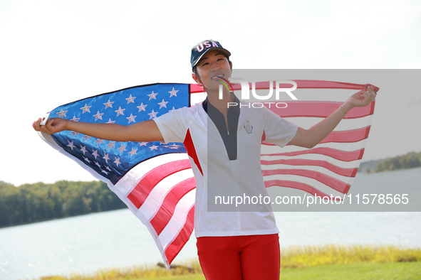 GAINESVILLE, VIRGINIA - SEPTEMBER 15: Andrea Lee of the United States celebrates after Team USA wins the Solheim Cup at Robert Trent Jones G...