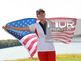 GAINESVILLE, VIRGINIA - SEPTEMBER 15: Andrea Lee of the United States celebrates after Team USA wins the Solheim Cup at Robert Trent Jones G...