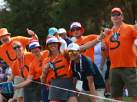 GAINESVILLE, VIRGINIA - SEPTEMBER 15: Dutch fans cheer during single matches on Day Three of the Solheim Cup at Robert Trent Jones Golf Club...