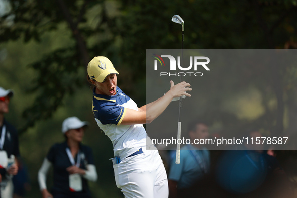 GAINESVILLE, VIRGINIA - SEPTEMBER 15: Carlota Ciganda of Team Europe reacts to her tee shot on the 11th hole during single matches on Day Th...