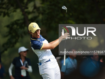 GAINESVILLE, VIRGINIA - SEPTEMBER 15: Carlota Ciganda of Team Europe reacts to her tee shot on the 11th hole during single matches on Day Th...