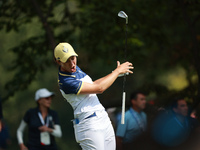 GAINESVILLE, VIRGINIA - SEPTEMBER 15: Carlota Ciganda of Team Europe reacts to her tee shot on the 11th hole during single matches on Day Th...