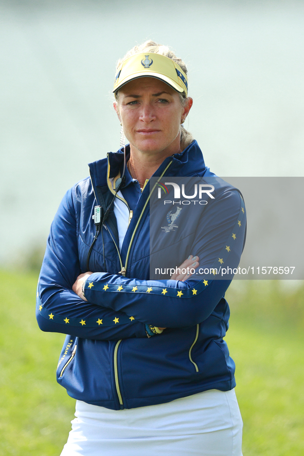 GAINESVILLE, VIRGINIA - SEPTEMBER 15: Captain Suzann Pettersen of Team Europe looks over during single matches on Day Three of the Solheim C...