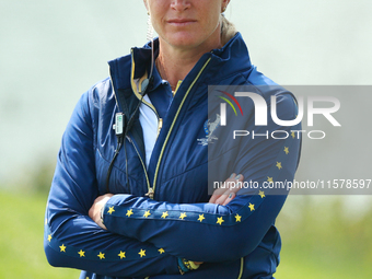 GAINESVILLE, VIRGINIA - SEPTEMBER 15: Captain Suzann Pettersen of Team Europe looks over during single matches on Day Three of the Solheim C...