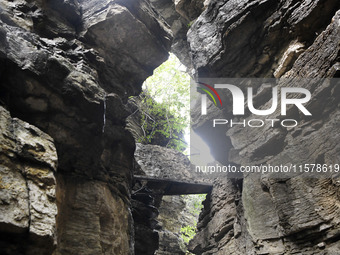 View of the Xiong 'er Mountain Rift Valley in Zaozhuang, China, on September 15, 2024. This geological formation results from a landslide ca...