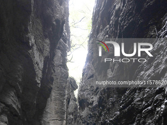 View of the Xiong 'er Mountain Rift Valley in Zaozhuang, China, on September 15, 2024. This geological formation results from a landslide ca...