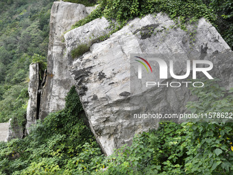 View of the Xiong 'er Mountain Rift Valley in Zaozhuang, China, on September 15, 2024. This geological formation results from a landslide ca...