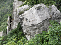 View of the Xiong 'er Mountain Rift Valley in Zaozhuang, China, on September 15, 2024. This geological formation results from a landslide ca...