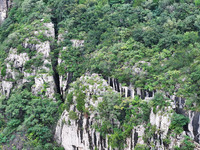 View of the Xiong 'er Mountain Rift Valley in Zaozhuang, China, on September 15, 2024. This geological formation results from a landslide ca...