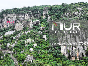 View of the Xiong 'er Mountain Rift Valley in Zaozhuang, China, on September 15, 2024. This geological formation results from a landslide ca...