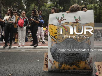 Protesters hold a demonstration against the fires and the climate situation in Brazil and for agrarian reform on Avenida Paulista, in the ce...