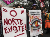 Protesters hold a demonstration against the fires and the climate situation in Brazil and for agrarian reform on Avenida Paulista, in the ce...