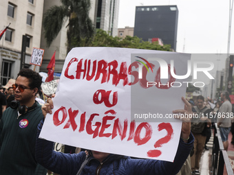 Protesters hold a demonstration against the fires and the climate situation in Brazil and for agrarian reform on Avenida Paulista, in the ce...