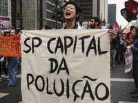 Protesters hold a demonstration against the fires and the climate situation in Brazil and for agrarian reform on Avenida Paulista, in the ce...