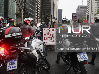 Protesters hold a demonstration against the fires and the climate situation in Brazil and for agrarian reform on Avenida Paulista, in the ce...