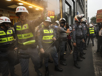 Protesters hold a demonstration against the fires and the climate situation in Brazil and for agrarian reform on Avenida Paulista, in the ce...