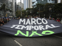 Protesters hold a demonstration against the fires and the climate situation in Brazil and for agrarian reform on Avenida Paulista, in the ce...