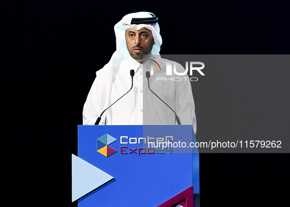 Qatar's Minister of Municipality Abdullah bin Hamad bin Abdullah Al Attiyah gives a speech during the inauguration of the ConteQ Expo24 (Adv...