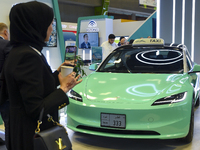 A visitor takes a picture of a Tesla taxi car at the Qatar Mowasalat Pavilion at the ConteQ Expo24 (Advanced Technology for Construction & S...