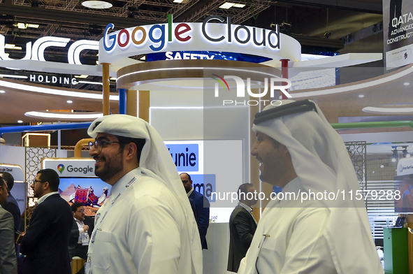 People visit the Google Cloud booth during ConteQ Expo24 (Advanced Technology for Construction & Services Expo) at the Qatar National Conven...