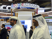 People visit the Google Cloud booth during ConteQ Expo24 (Advanced Technology for Construction & Services Expo) at the Qatar National Conven...