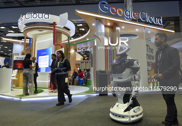 People visit the Google Cloud booth during ConteQ Expo24 (Advanced Technology for Construction & Services Expo) at the Qatar National Conven...