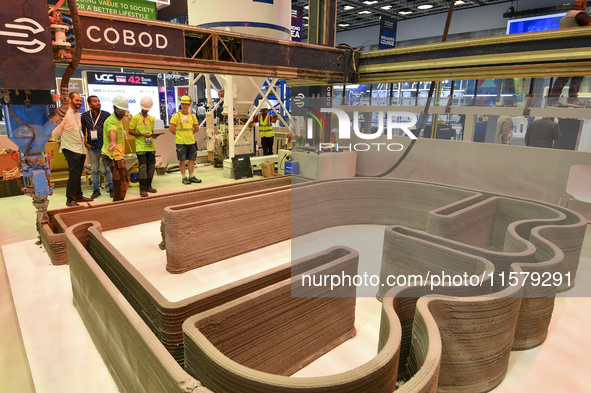 People visit 3D construction printing technology at the ConteQ Expo24 (Advanced Technology for Construction & Services Expo) at the Qatar Na...