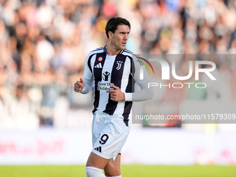 Dusan Vlahovic of Juventus FC looks on during the Serie A Enilive match between Empoli FC and Juventus FC at Stadio Carlo Castellani on Sept...