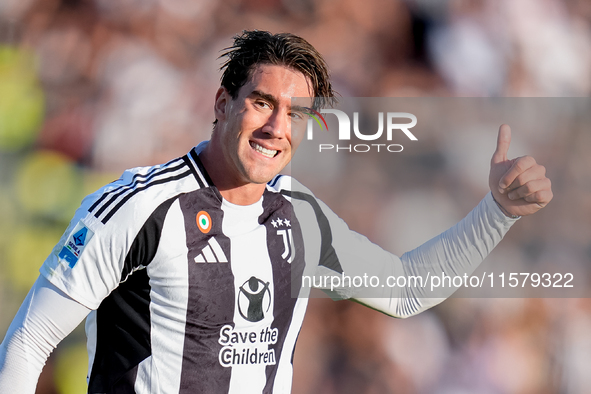 Dusan Vlahovic of Juventus FC gestures during the Serie A Enilive match between Empoli FC and Juventus FC at Stadio Carlo Castellani on Sept...