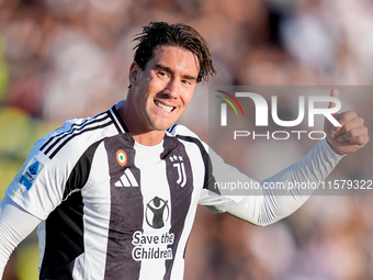 Dusan Vlahovic of Juventus FC gestures during the Serie A Enilive match between Empoli FC and Juventus FC at Stadio Carlo Castellani on Sept...