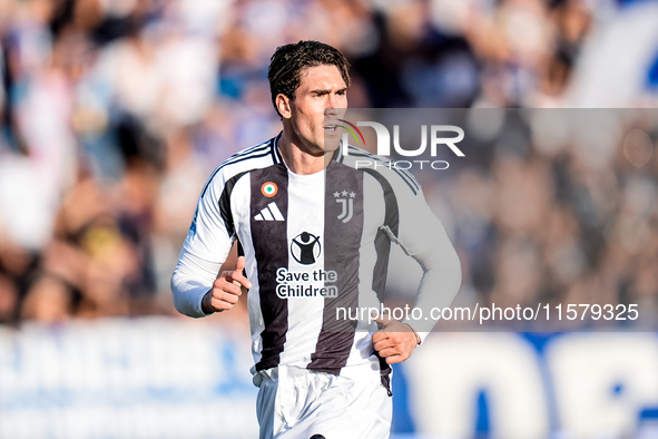 Dusan Vlahovic of Juventus FC looks on during the Serie A Enilive match between Empoli FC and Juventus FC at Stadio Carlo Castellani on Sept...