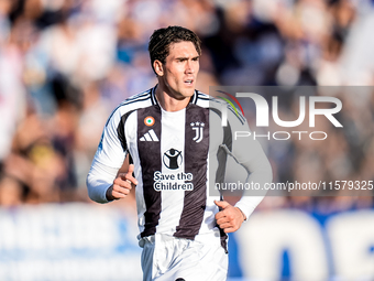 Dusan Vlahovic of Juventus FC looks on during the Serie A Enilive match between Empoli FC and Juventus FC at Stadio Carlo Castellani on Sept...