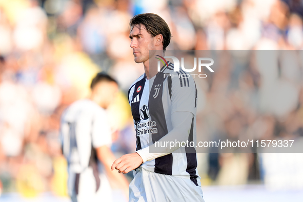 Dusan Vlahovic of Juventus FC looks on during the Serie A Enilive match between Empoli FC and Juventus FC at Stadio Carlo Castellani on Sept...