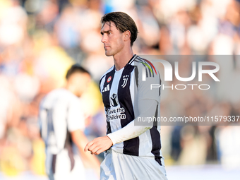 Dusan Vlahovic of Juventus FC looks on during the Serie A Enilive match between Empoli FC and Juventus FC at Stadio Carlo Castellani on Sept...