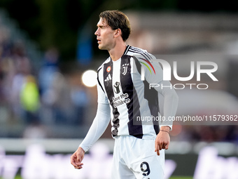 Dusan Vlahovic of Juventus FC looks on during the Serie A Enilive match between Empoli FC and Juventus FC at Stadio Carlo Castellani on Sept...