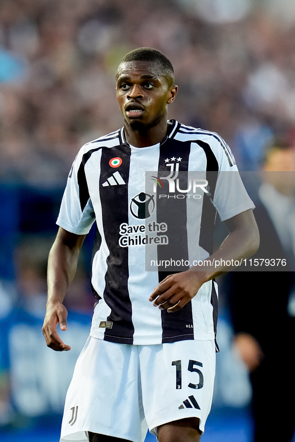 Pierre Kalulu of Juventus FC looks on during the Serie A Enilive match between Empoli FC and Juventus FC at Stadio Carlo Castellani on Septe...