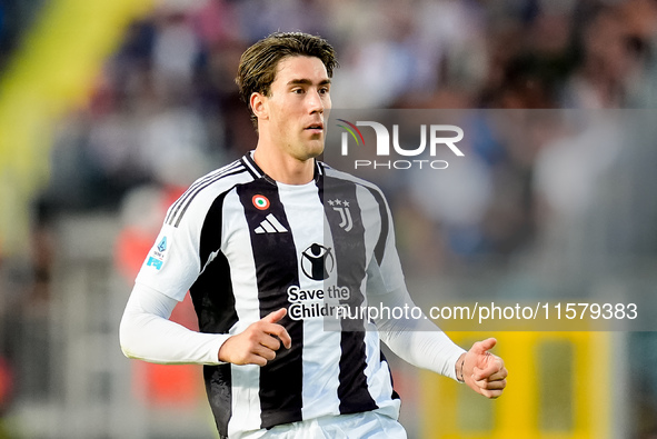 Dusan Vlahovic of Juventus FC looks on during the Serie A Enilive match between Empoli FC and Juventus FC at Stadio Carlo Castellani on Sept...