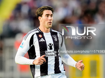 Dusan Vlahovic of Juventus FC looks on during the Serie A Enilive match between Empoli FC and Juventus FC at Stadio Carlo Castellani on Sept...